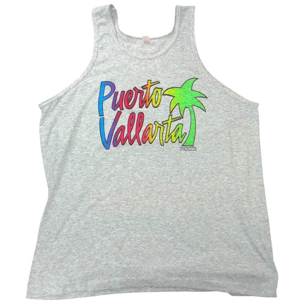 San Jorge Puerto Vallarta Mexico Tank Top Heather Gray Rainbow Palm Tree Sz 50